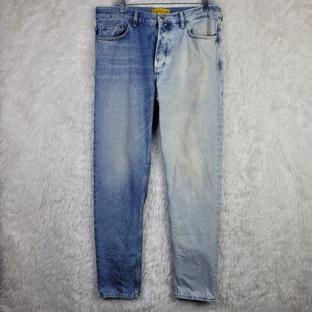 Cos x Yeboah Mens 33x30 2 Tone Button Fly Tapered Jeans Acid Wash
